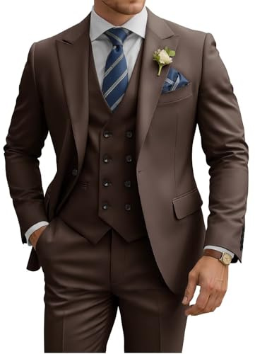 TIJOFA Mens Suit 3 Piece Slim Fit Suits for Men Double Breasted Suit Wedding Prom Suits Formal Business Dinner Tuxedo, Coffee, 6XL