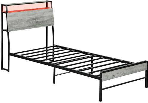 HOMCOM 3ft Single Bed Frame with LED Lights and Charging Station, Platform Bed Frame with Storage Headboard, Steel Slat Support, No Box Spring Needed, Easy Assembly, Cement Grey