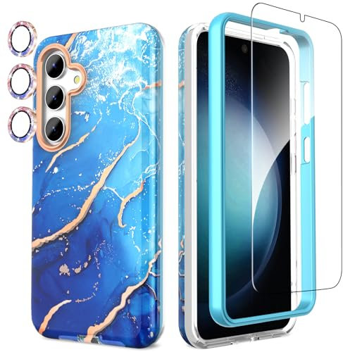 SHEDEER for Samsung S25 Case with Screen Protector + Bumper & Camera Protector, TPU Shockproof 360° Protection, Samsung Galaxy S25 Case Glossy Fade-Resistant Pattern Phone Cases S25, Blue