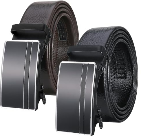 ViEinkaufen 2 Pack Men's Belt, Adjustable PU Leather Ratchet Belt, 125cm Men’s Automatic Buckle Belt for Suit Jeans