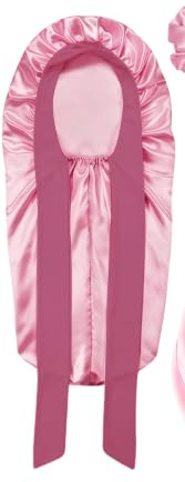 Lot de 2 bonnets longs en satin rose pour dormir - Bonnet de sommeil noir à large bord avec élastique - Pour cheveux longs bouclés - Lisse et respirant