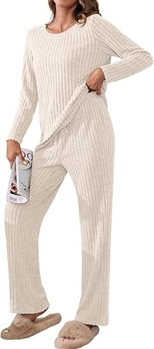 YGJIEGENG Plus Size Women Pyjamas Lounge Wear Sets for Women UK Long Sleeve Pyjamas Crew Neck Jumpers and Wide Leg Trousers Ladies Nightwear Lounge Winter Leisure Suits,Apricot,XXL