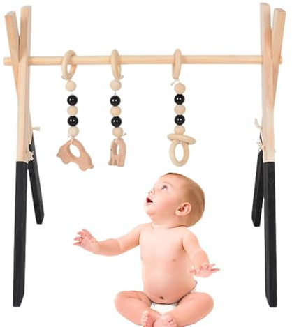 1 Set Wooden Baby Gym | Baby Crib Activity Gym Standing Toy | Play Arch Activity Center | with 3 Wooden Grasping Toys | Early Development Toys for Nursery Room, Room, Living Room