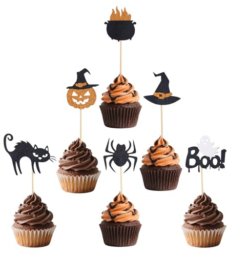 24pcs Halloween Cupcake Toppers, Glitter Spider Bat Little Boo Pumpkin Cat Witch Hat Cupcake Picks Spooky Cake Decorations for Halloween Theme Baby Shower Kids Birthday Party Supplies