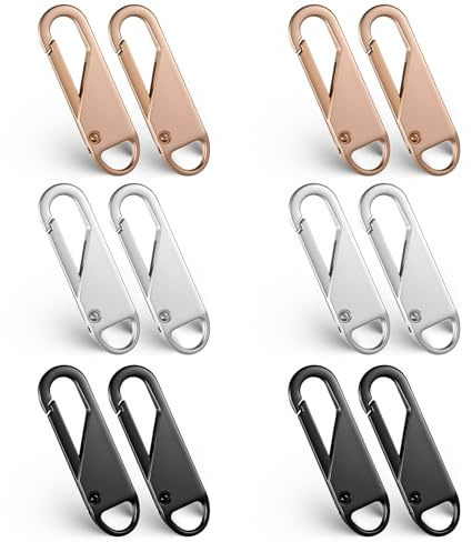 12 Pcs Zipper Pulls, Detachable Zipper Puller Replacement, Heavy Duty Metal Zip Pulls, Bulk Zippers Repair Kit for Men's Women's Luggage Wallets Backpacks Jackets Boots Coats Supplies