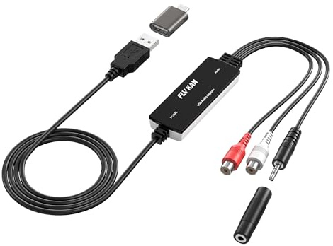 Fly Kan USB 2.0 Audio Grabber with USB-C Adapter – Analog to Digital Converter, Dual RCA/3.5mm Inputs, Vinyl/Cassette to MP3 USB Capture Card for PC/Mac/Linux