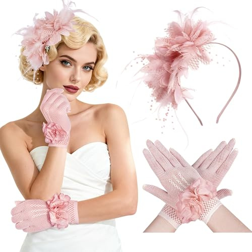 Chapeau Fascinateur Femme, Fascinateur Plumes Mariage et Gants de Dentelle pour Femmes, Fascinator Chapeau Plume, Gants Dentelle Court, avec Fleurs et Perles, Accessoires pour Mariage (Rose)