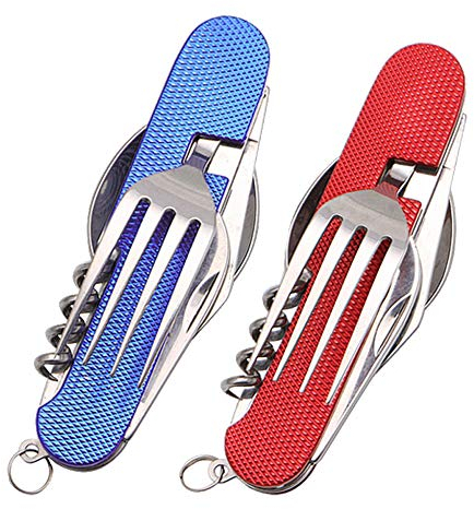 Folding Camping Cutlery Set Stainless Steel Portable 6 in 1 Outdoor Travel Cutlery Kit Detachable Tableware (Red Blue)