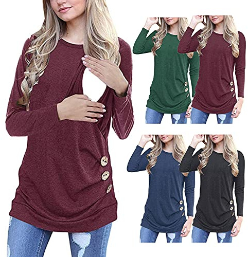 FRAUIT Felpa 2 in 1 per Allattamento Doppio Strato prémaman Camicetta Incinta T Shirt Manica Lunga Donna maternità Breastfeeding Pullover con Tasca a Canguro Blusa