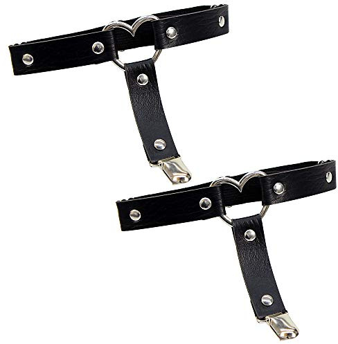 ETHOON Leg Garters Belt Adjustable Heart Garter Harness with Buckle Anti-Slip Clips Elastic Punk for Women 1 Pair Black