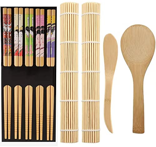 ZFYQ 9 Piezas Kit para Hacer Sushi de Bambú, incluye Esterilla Sushi, Palillos, Cuchara de arroz, Espátula de madera, Herramienta de Preparación de Sushi para Principiantes