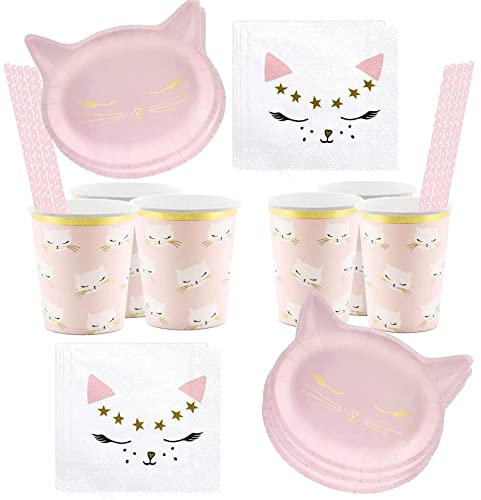 64 tlg. Geschirrset Katze Partygeschirr Kindergeburtstag Katzengeburstag Katzenparty Geburtstag Kinder Erwachsene Einweg-geschirr für 12 Personen