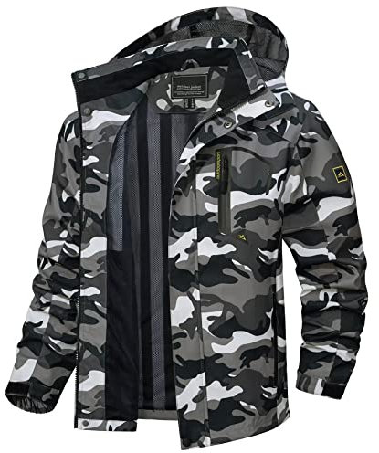 TACVASEN Wanderjacke Herren Atmungsaktiv Windjacke Funktionsjacke Softshell Herbstjacke Outdoorjacke, Schwarz Camo, L
