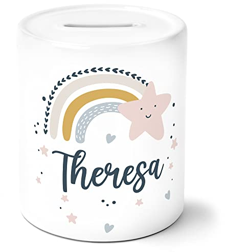 Spardose Mädchen personalisiert mit Namen - Regenbogen Kinder Geschenk Taschengeld Tochter - Sparbüchse Sparschein Keramik - Geschenkidee Einschulung Geburtstag Motiv