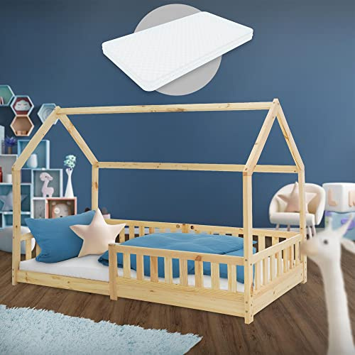 ML-Design barnsäng 90x200 cm natur med madrass H:16 cm, fallskydd, tak, spjälram, lekbädd i massivt trä, husbädd för flickor & pojkar, sänghus furuträ, ungdomssäng barnhus träbädd