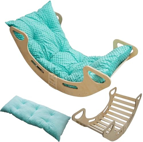 Skyline Balancelles Bascule Enfant Montessori Bebe 1 an Escalade Arche en Bois Mur descalade meble Arc à Grimper Bascule d'équilibre Portique d'escalade avec Coussin XL Turquoise