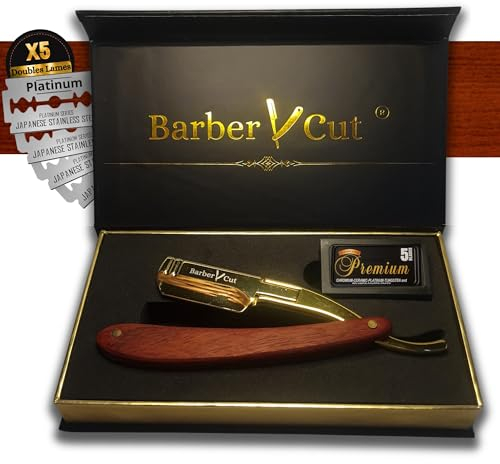 Rasoir homme Barber Cut coffret cadeau homme coupe choux en acier inoxydable couleur Or et bois précieux kit barbe Avec Pack 5 doubles-lame rasoir professionnel