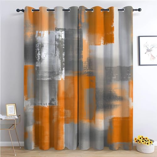 Verdunklungsvorhänge Gardinen mit Ösen Blickdichte Vorhänge Lärmschutzvorhang für Kinderzimmer Thermo Gardinen mit Farbblock Grau Orange Malerei Muster, 215 x 110 cm (HxB), Abstraktes Design 2er Set