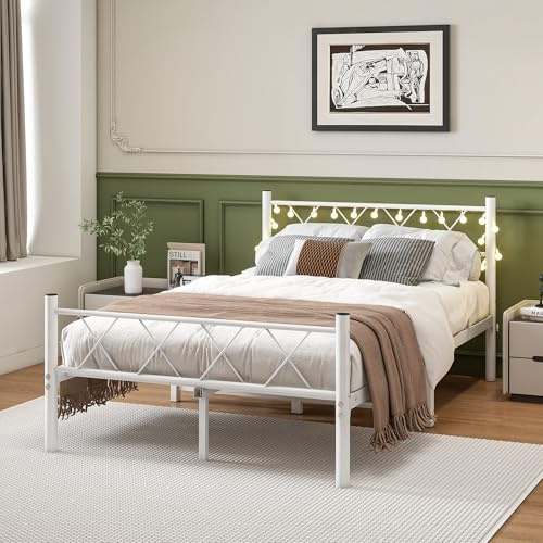 HOJINLINERO Bettgestell 120x200 mit Beleuchtung,Bett 120x200 mit Lattenrost,Bettrahmen Metall,Metallbett Doppelbett Gästebett Jugendbett mit Stauraum unter dem Bett für Schlafzimmer,Weiß
