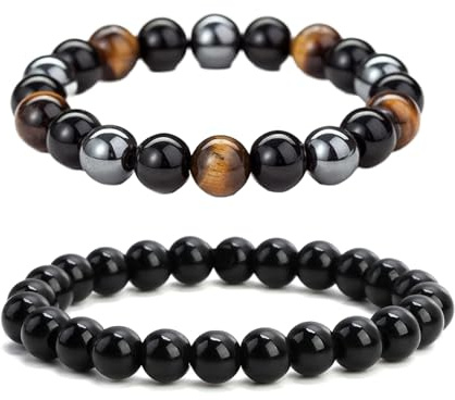 2 Piezas Pulsera de Obsidiana Negra Natural y Turmalina, 8 mm, Hilo Elástico Con Cuentas de Bolas Para Mujer y Hombre, Piedras Naturales Unisex (Set D)