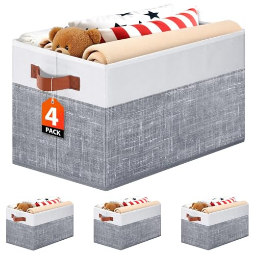 Fab totes Collapsible Storage Baskets for Shelves,14x10, 4 Pack Foldable Fabric Storage Bins with Double Leather Handles, Large Baskets for Organizing Books, Clothes, White & Grey