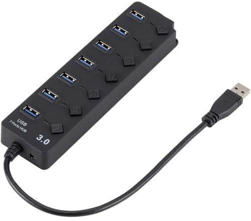 Regleta USB 3.0-7 Puertos DE-XP1132B - Hub USB 3.0 Adaptador SuperSpeed 5Gbps de Transferencia de Datos Botón de Encendido/Apagado Individual y Concentrador Videocámara Computadora Portátil PC