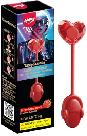 AMOS Musicales Sucette Bonbon Lollipop, 1x Strawberry Fraise Audio Sucettes, Noël Christmas Fête Sucettes Gift, Bonbon Sans Sucre Individuel Emballés Candy Parfait Pour Fête
