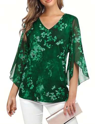 Enmain Camicia Verde Donna Elegante Volant Scollo a V 3/4 Manica Blusa Abbigliamento Donna Curvy Fiori Leggero Casual Estiva Primaverile Top L