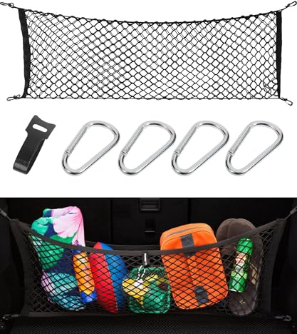 Xibao Filet Coffre Voiture,Universel Coffre de Voiture Filet à Bagages Extensible avec 4 Crochets,Bord élastique Maintient Les Charges Plus Fermement,Convient aux Voitures,Jeeps et Camions (110x40cm)