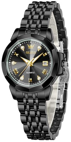 OLEVS Damenuhr, Diamanten, Kalender, Parfümuhr für Damen, Fahion Kleid, Designer-Armbanduhr, Edelstahl, wasserdicht, Datum und Tag, analoge Quarzuhren, 9931x:all schwarze Damenuhr