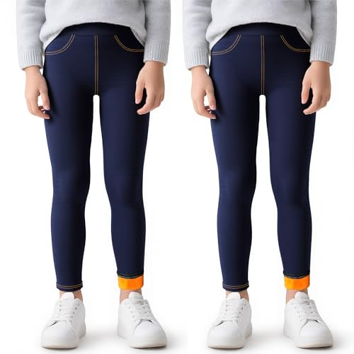Baogaier Flickor Termiska Leggings, Fleecefodrade Jeans Leggings, 2-pack, Hög Midja Casual Varma Leggings Vinter Slim Fit Mjuka Långa Byxor Barnkläder 4-12 År, Marinblå, 4-5 år