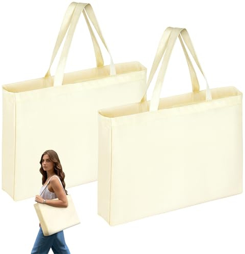 Adiwo Borsa Shopper Donna Tote Bag 35 cm x 45 cm, 2PCS Shopper Cotone The Tote Bag, naturale, non stampata, a manico lungo, borsa in tessuto per la spesa, Borse da Stampare o Dipingere