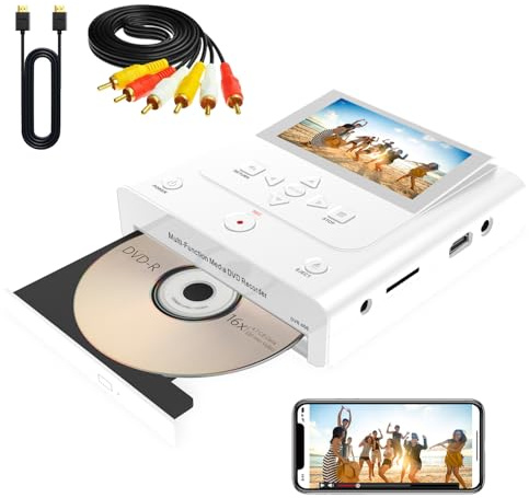 VHS to DVD Recorder, VCR to DVD Recorder-Convert Photos and Videos Between VHS,VCR,Memory Card，DVD and USB. Phone can use a Free App to Burn Videos and Photos, Also has TV Recording Function (White)