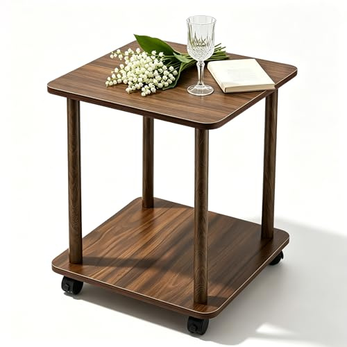 Nastopee Tavolino Quadrato in Legno con Ruote, 40x40 cm, 2 Livelli con Ripiano, Comodino Moderno per Soggiorno, Camera da Letto, Ingresso, Spazi Piccoli