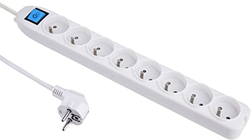 Electraline 35401 Regleta de 8 vías con interruptor, 1,5 m, blanca, tipo E (2 pines FR)