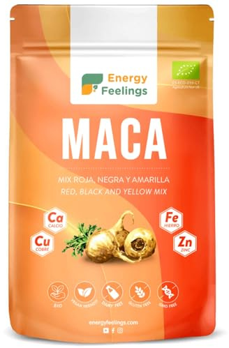 Energy Feelings Maca Peruana Andina en Polvo Ecológica 500g, Potencia Energía y Vitalidad Íntimas, Mix de Maca Negra, Roja y Amarilla, Vegana, Sin Gluten, Orgánica, Rica en Proteínas, Hierro y Zinc