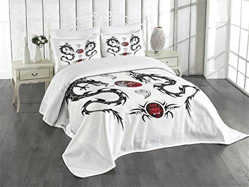 ABAKUHAUS japanische Drachen Tagesdecke Set, Tribal Tattoo Asian, Set mit Kissenbezügen farbfester Digitaldruck, für Doppelbetten 220 x 220 cm, Schwarz-weiß-rot
