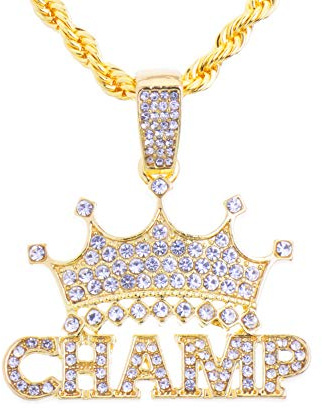 metaltree98 Hip Hop Fashion Iced Rapper King Crown CHAMP Bling Pendant 20 14k Gold Plated Rope Chain HC 1292 G (20 Rope Chain)