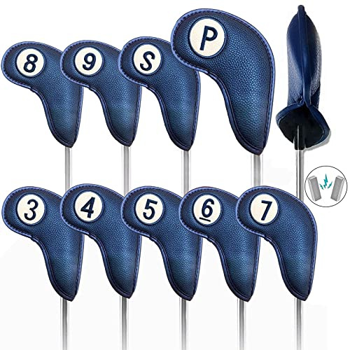 Lot de 9 housses de tête de club de golf pour fers à repasser avec fermeture magnétique - Chiffres imprimés des deux côtés - Cuir synthétique de luxe professionnel (bleu)