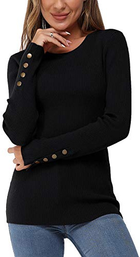 Newshows Long Sleeve Tops for Women UK Ladies Jumpers Button Solid Crew Neck Lightweight Knit Pullover Sweater Black,XL