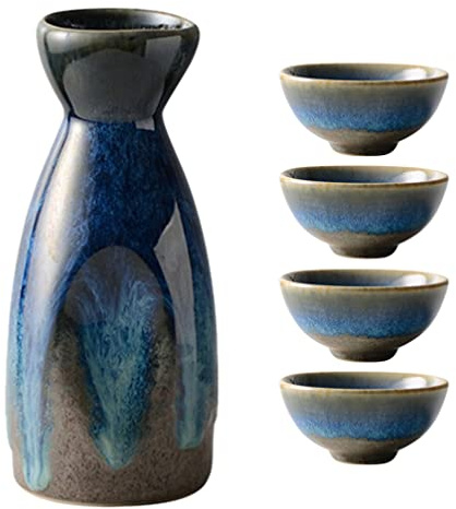 HEMOTON Porcellana Bottiglia di Sake Set Giapponese Tokkuri Sake Pentola con 4 Tazze di Ceramica Tradizionale Bene Che Serve Bottiglia di Vino Caraffa per La Casa Partito