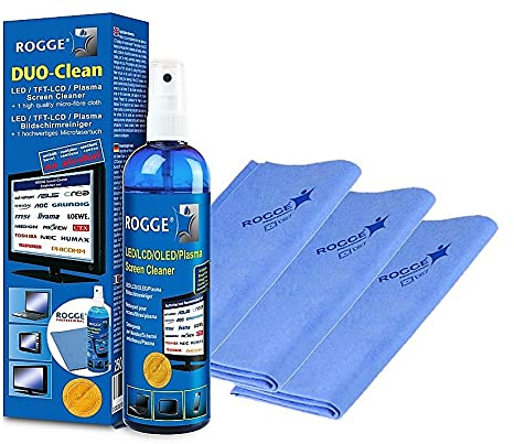 ROGGE Duo-Clean Original, 250ml Bildschirmreiniger für LCD/TFT/LED/OLED + Plasma Screen Cleaner + 3X Prof. Microfasertuch ca. 38x40cm