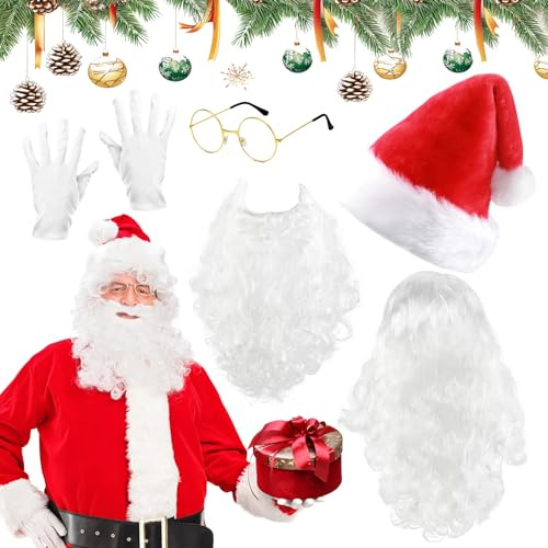 Barba e Capelli Babbo Natale, Vestito Babbo Natale Uomo, Costume Babbo Natale Uomo, Maschera Babbo Natale, Accessori Babbo Natale Parrucca Barba Cappello Occhiali e Guanti