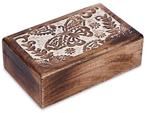 Ajuny Tallado Mano Madera Joyero Almacenamiento Caja Mariposas Diseño 8x5 | Decorativa Cofre Organizador De Joyas Baratijas Y Recuerdos, Joyas Caja De Almacenamiento Temática De Mariposas Para Mujer