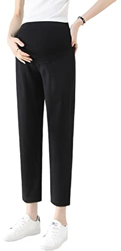 Olamao Pantaloni Premaman da Donna Pantaloni Corti a Gamba Dritta Tasche Regolabili in Vita Super Confortevoli (L, Nero)