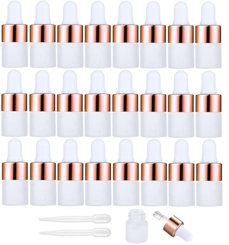 Apstaqeoo 24 st, 2 ml droppflaskor i frostat glas, tomma miniflaskor med pipetter i roséguld aluminiumlegeringskeps påfyllningsbar provbehållare för eteriska oljor parfym kosmetisk vätska