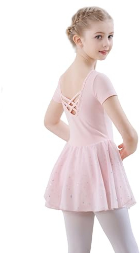 FONLAM Vestito Body da Danza Classica per Bambina Ragazza Abito Danza Balletto Tutù Ballerina Paillettes Manica Corta (Rosa, 3-4 anni)