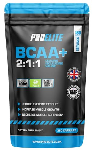 BCAA Capsule 3000mg Per Serving - 360 Vegan Capsules - 2:1:1 Branched Chain Amino Acids Capsules with Vitamin B12 & B6 - BCAA Powder Tablets Alternative - Pre Post Workout for Energy by PROELITE