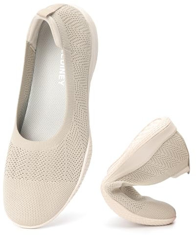 TIAROOTT Damen Ballerina Flache Schuhe Runde Zehe Strick Kleid Schuhe Komfort Mesh Niedriger Keil Slip On Ballerina Walking Flats Schuhe für Frauen Bequem Weich, Beige,Gr.39