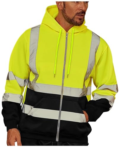 Arbeitsjacke Herren Warnschutz Jacke mit Kapuze Oversized Kapuzenjacke Leichte Fahrradjacke Warn Herren-Jacken Freizeit Softshelljacke Outdoor Arbeitskleidung Zipper Hoodie Reflektierende Jacke M-4XL